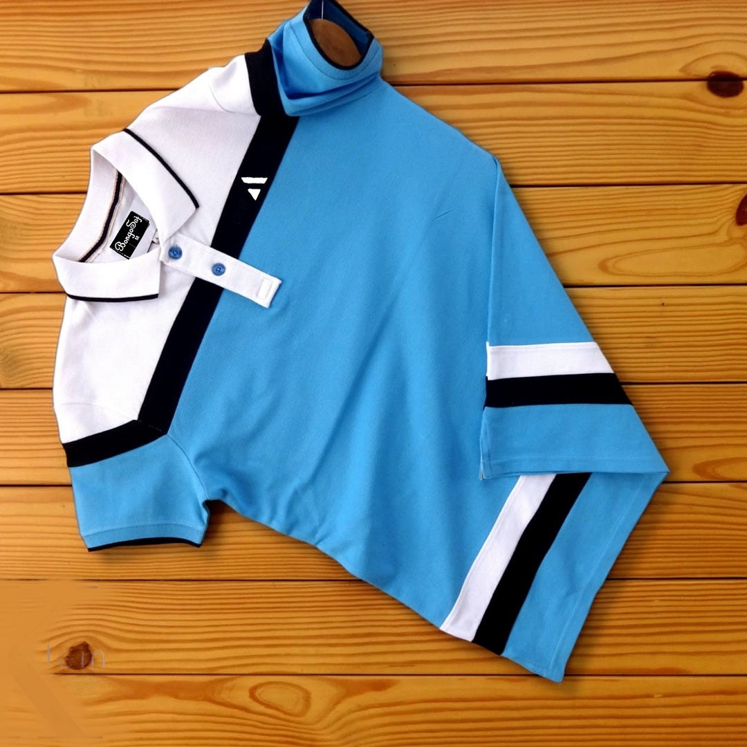 Men premium T Shirt Cyan blue white with black stripe