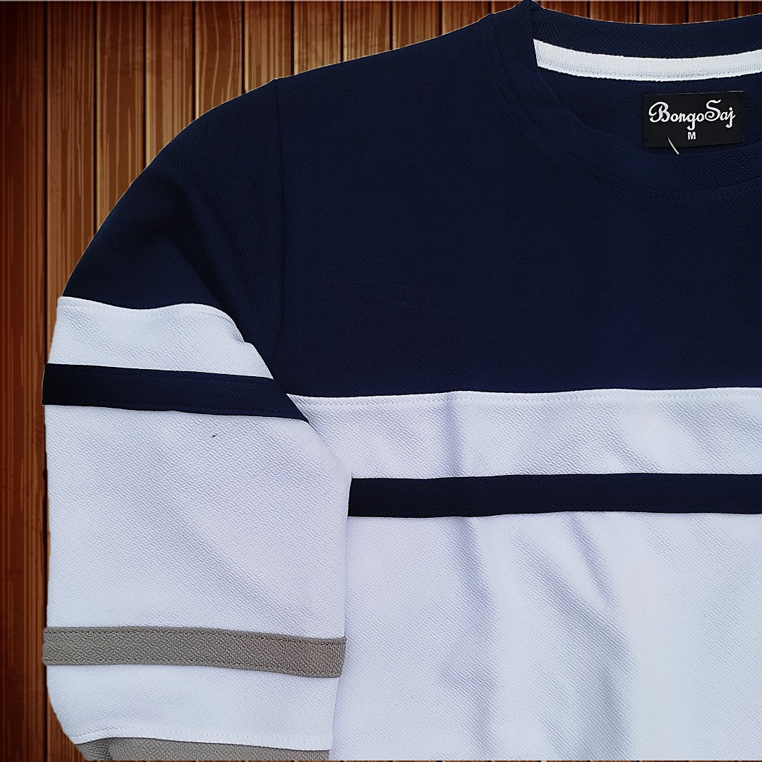 Full sleeve Lycra Navy White and Steel Grey with two stripes