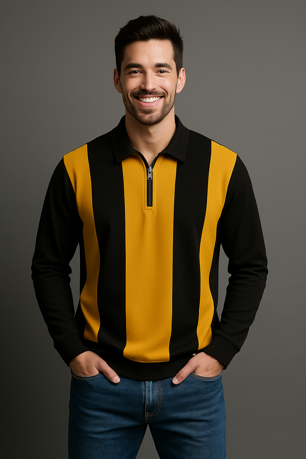 Full Sleeves Zip T-Shirt Golden Yellow Vertical Stripe