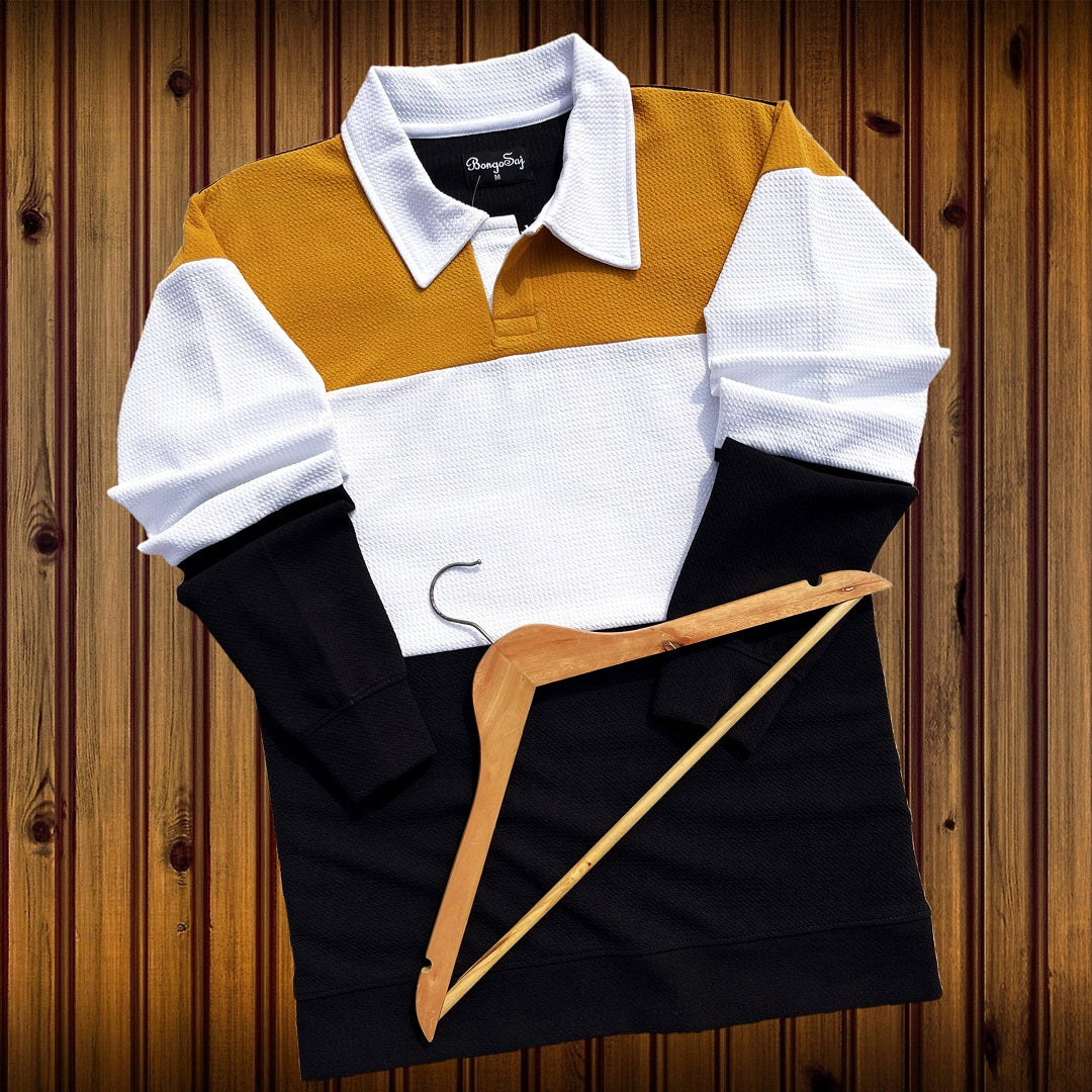 Mens Textured Lycra Collar T Shirt Mustard Yellow, White with Black