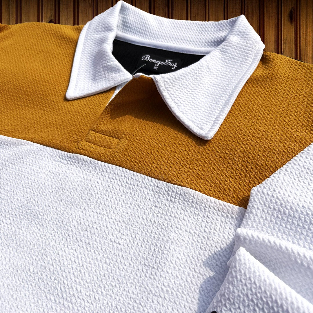 Mens Textured Lycra Collar T Shirt Mustard Yellow, White with Black