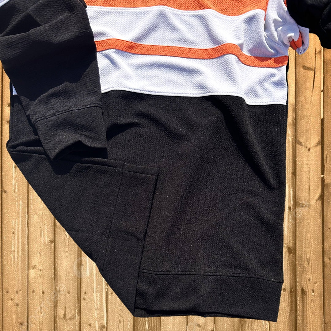 Men Full sleeve Textured Lycra T Shirt Peach and black stripe