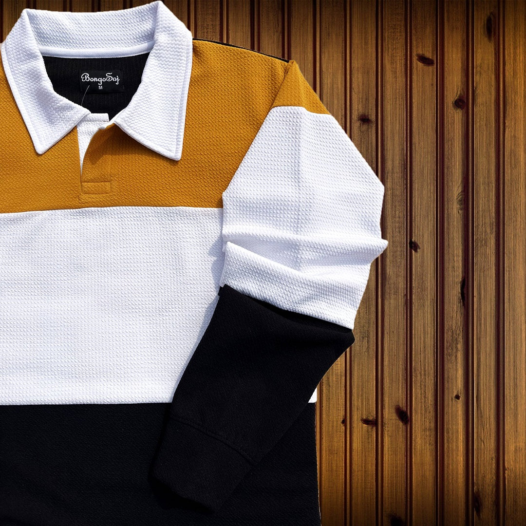 Mens Textured Lycra Collar T Shirt Mustard Yellow, White with Black