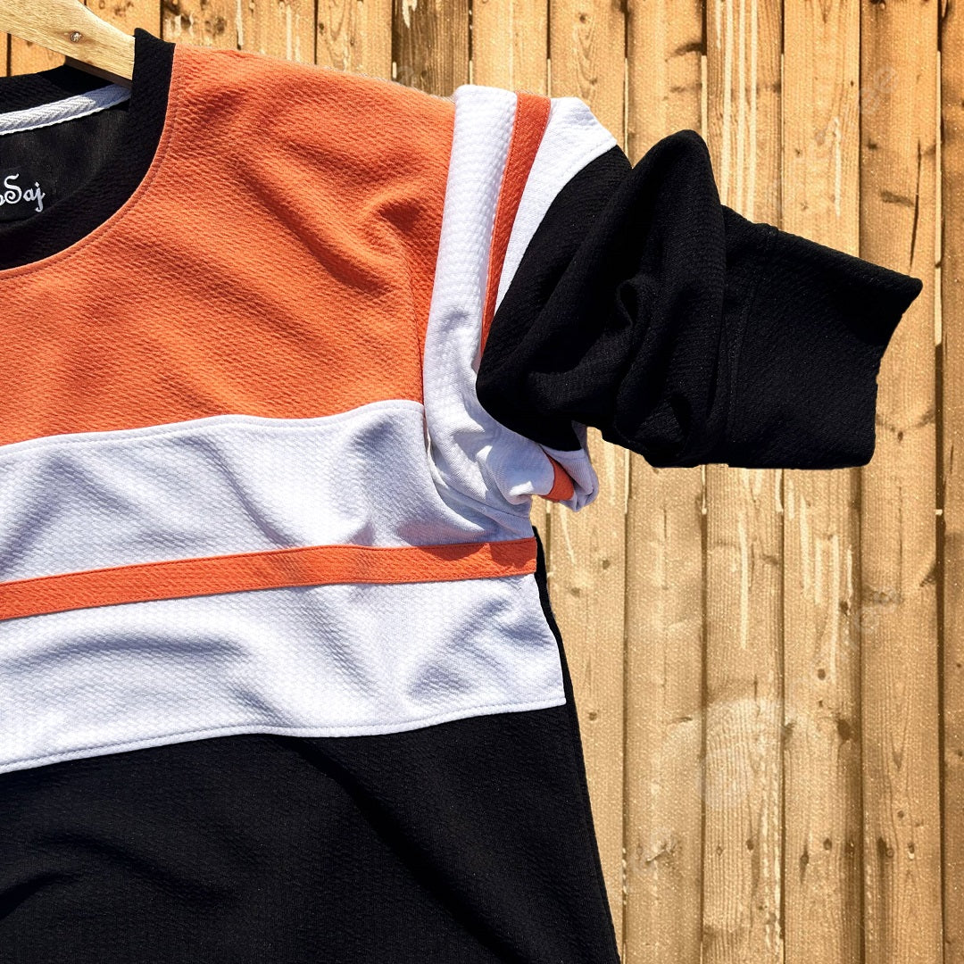 Men Full sleeve Textured Lycra T Shirt Peach and black stripe