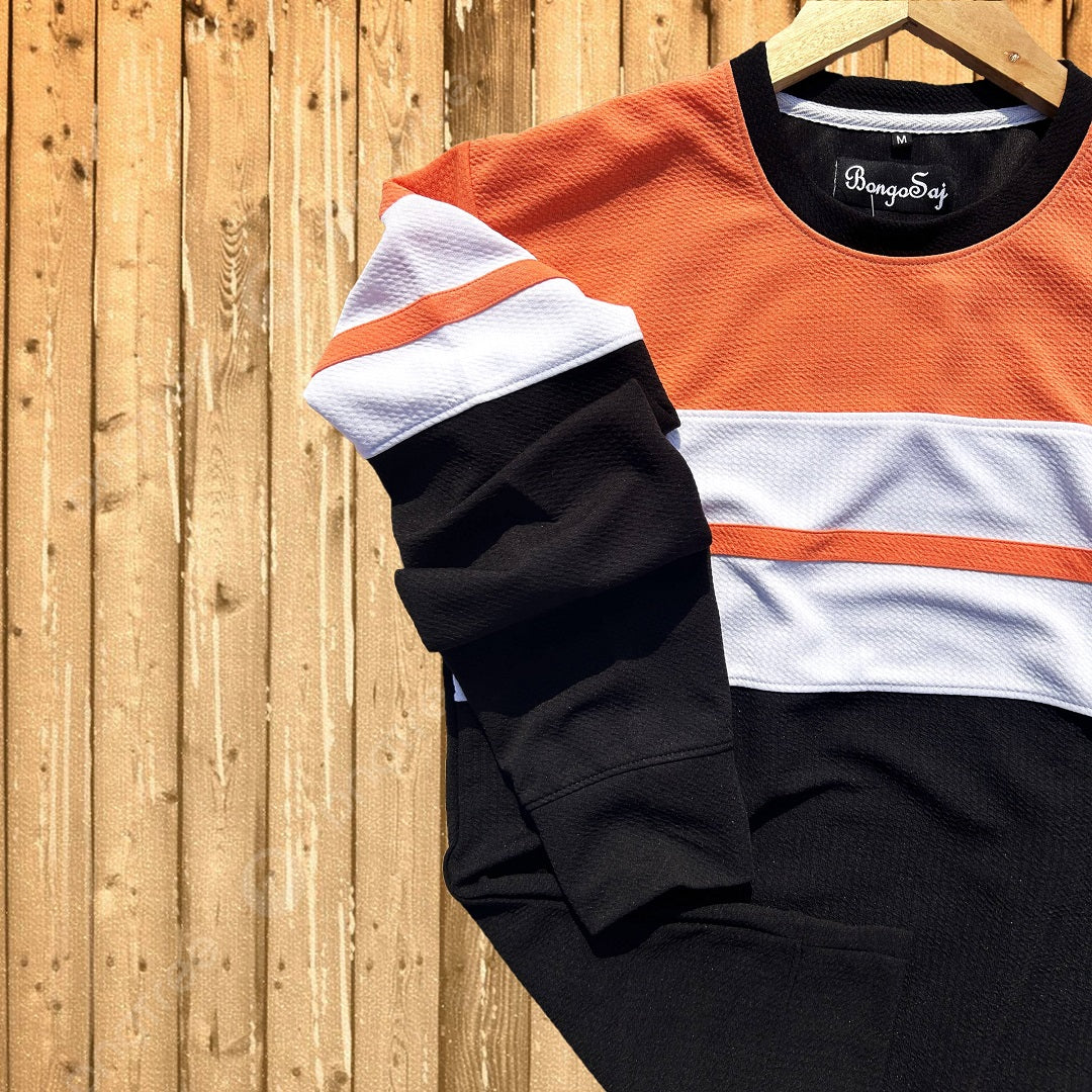 Men Full sleeve Textured Lycra T Shirt Peach and black stripe