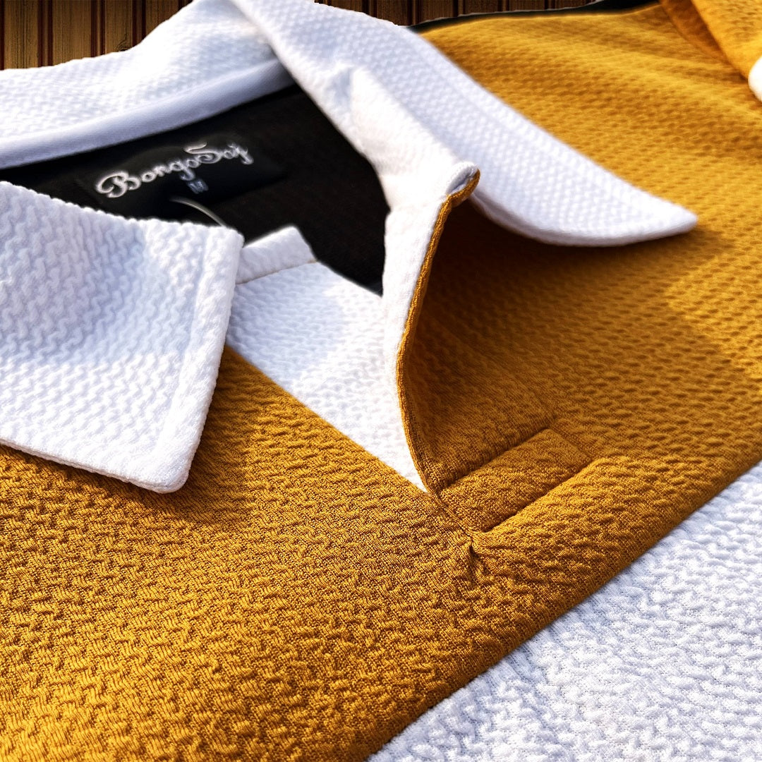 Mens Textured Lycra Collar T Shirt Mustard Yellow, White with Black