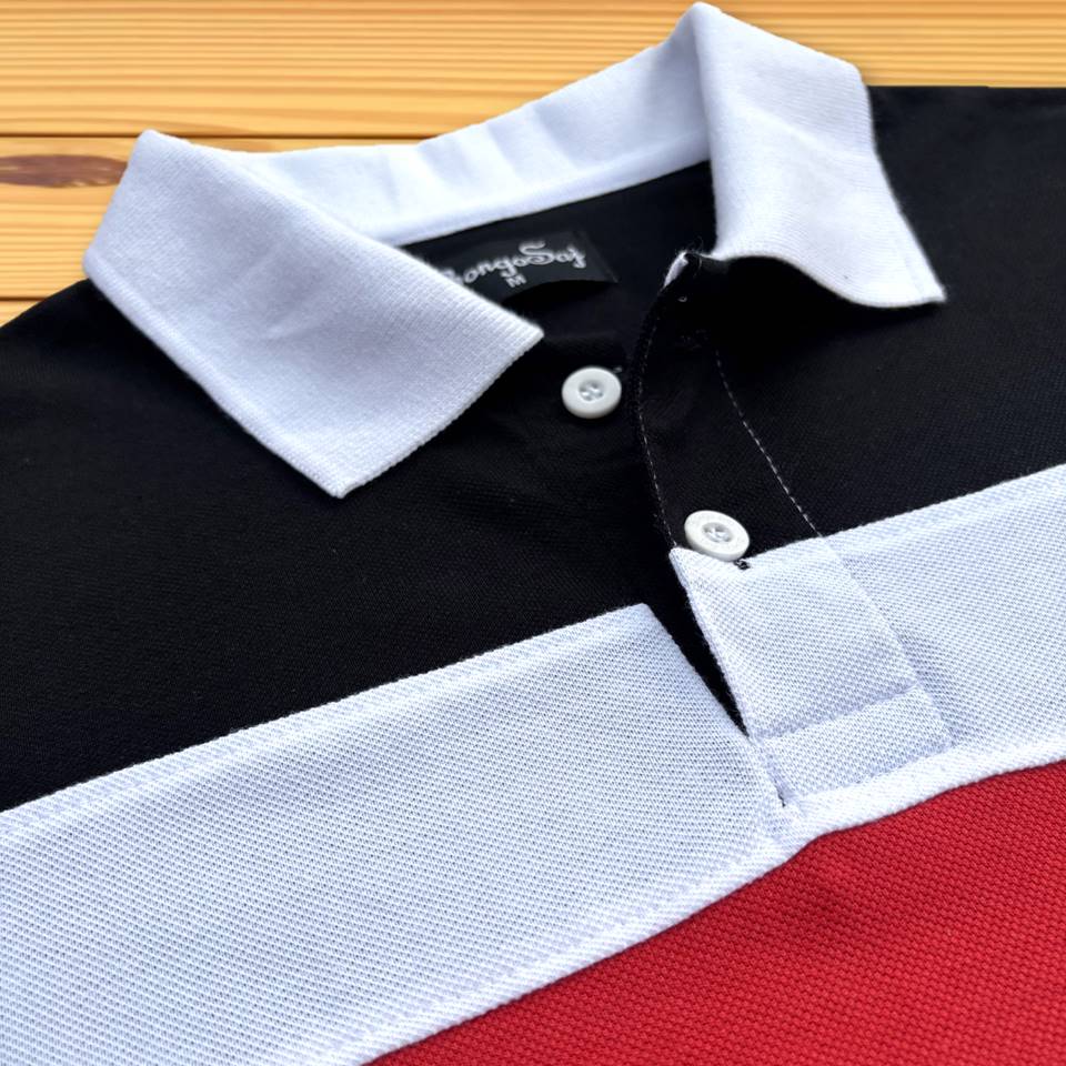 Stylish Men T-Shirt White Collar Black with Red, Black 3 Stripe