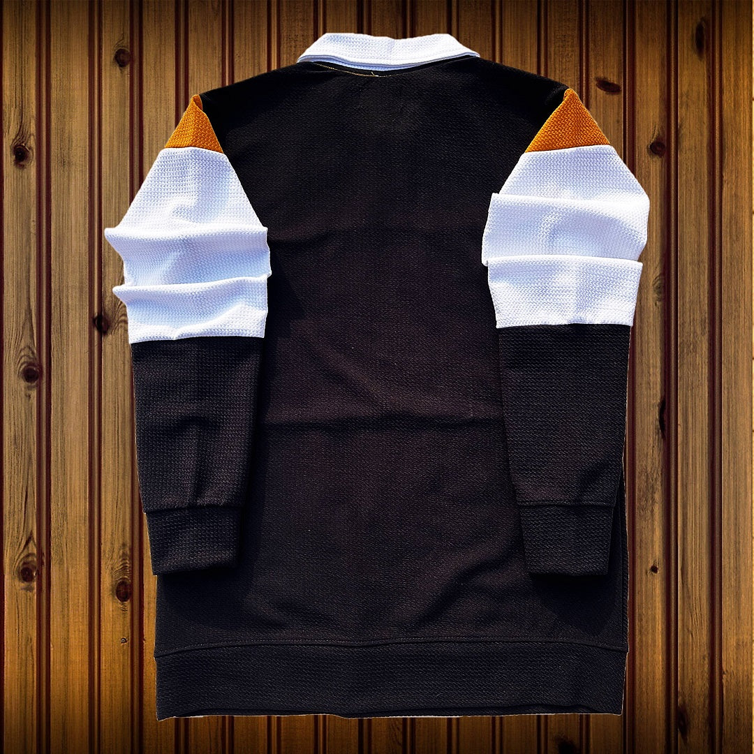 Mens Textured Lycra Collar T Shirt Mustard Yellow, White with Black
