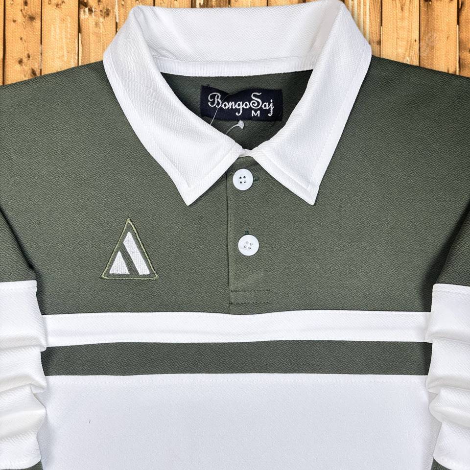 Full Sleeve Collar T-Shirt Forest Green & White 2-Stripes