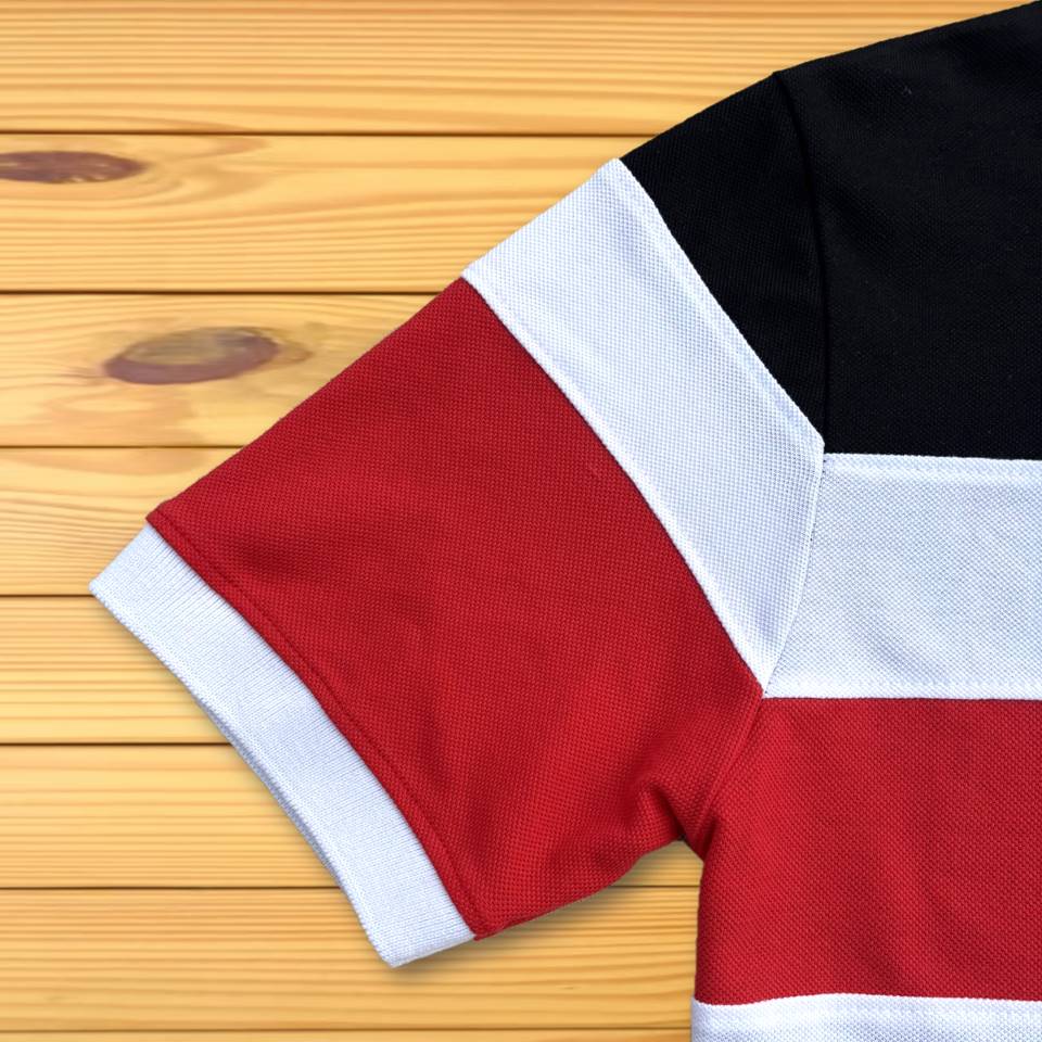 Stylish Men T-Shirt White Collar Black with Red, Black 3 Stripe