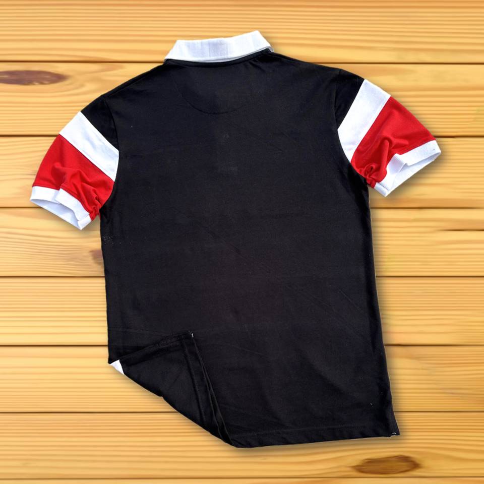 Stylish Men T-Shirt White Collar Black with Red, Black 3 Stripe