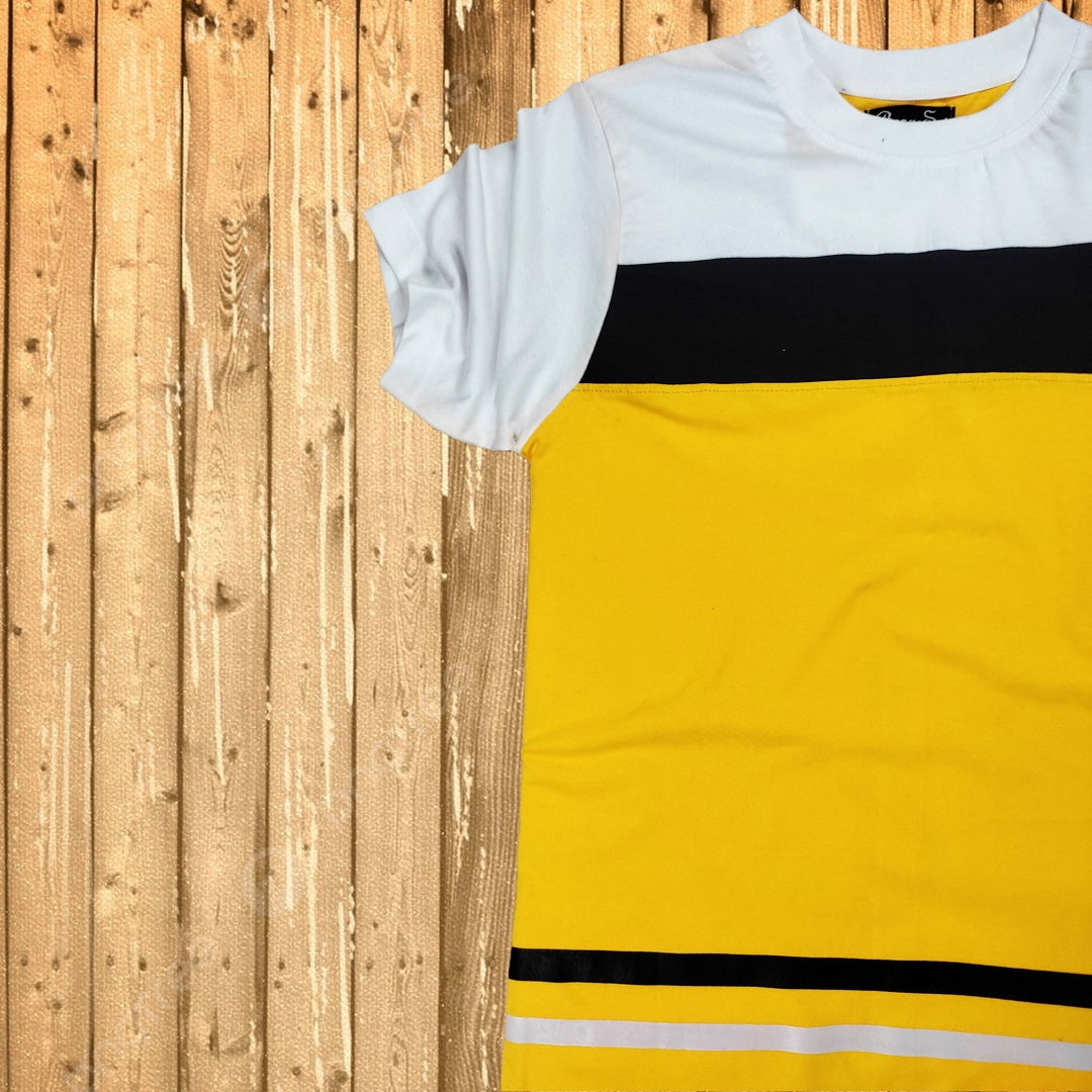 Round Neck T Shirt New White Yellow with Black Stripe(One Piece)