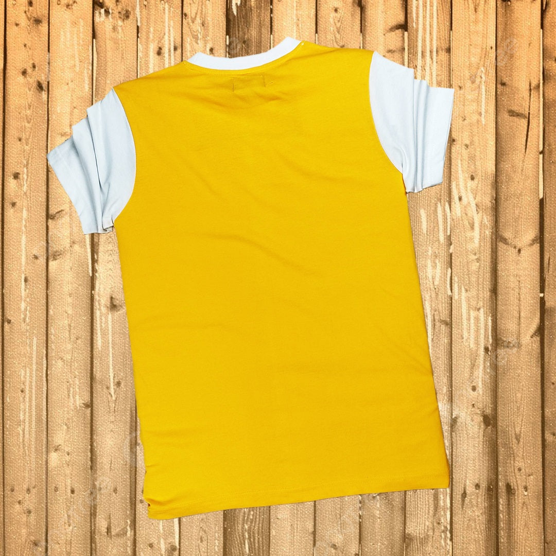 Round Neck T Shirt New White Yellow with Black Stripe(One Piece)