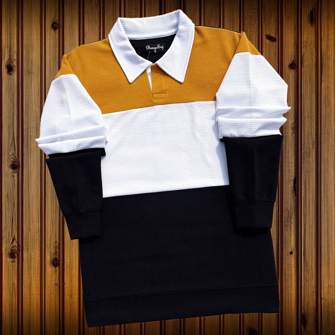 Mens Textured Lycra Collar T Shirt Mustard Yellow, White with Black
