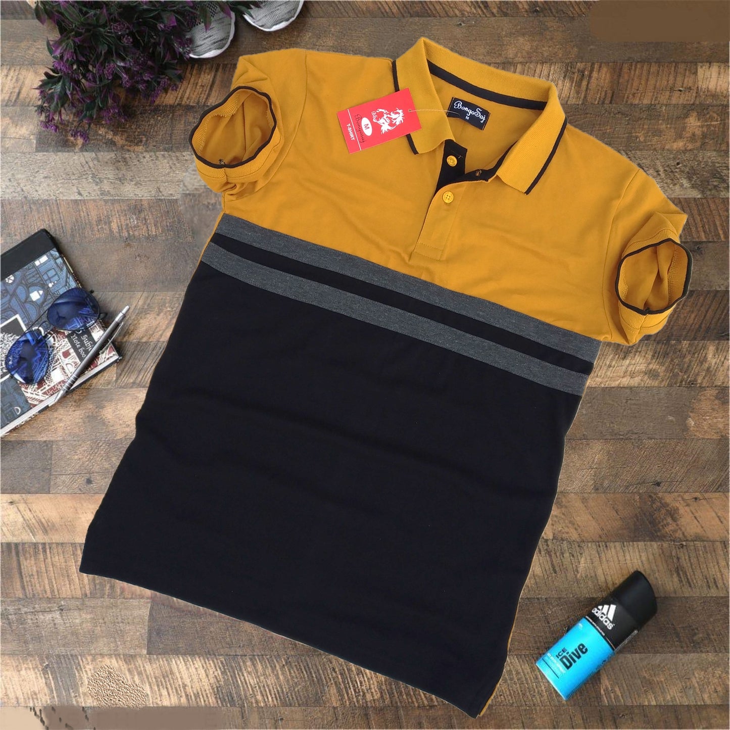Stylish Men T Shirt Dark Yellow Navy Blue with Mélange stripe