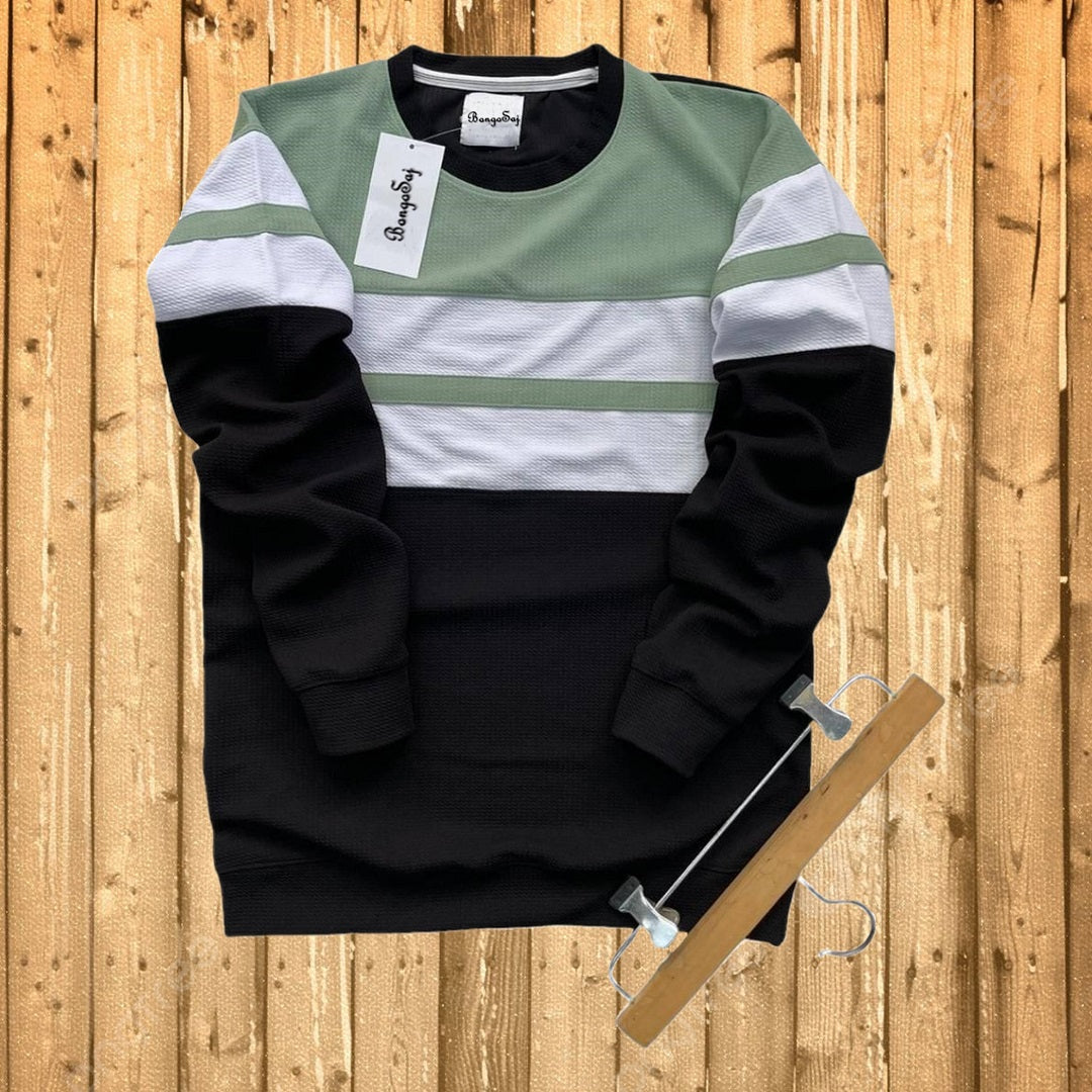 New Textured Lycra T Shirt, Seb Green, Black and White with stripe