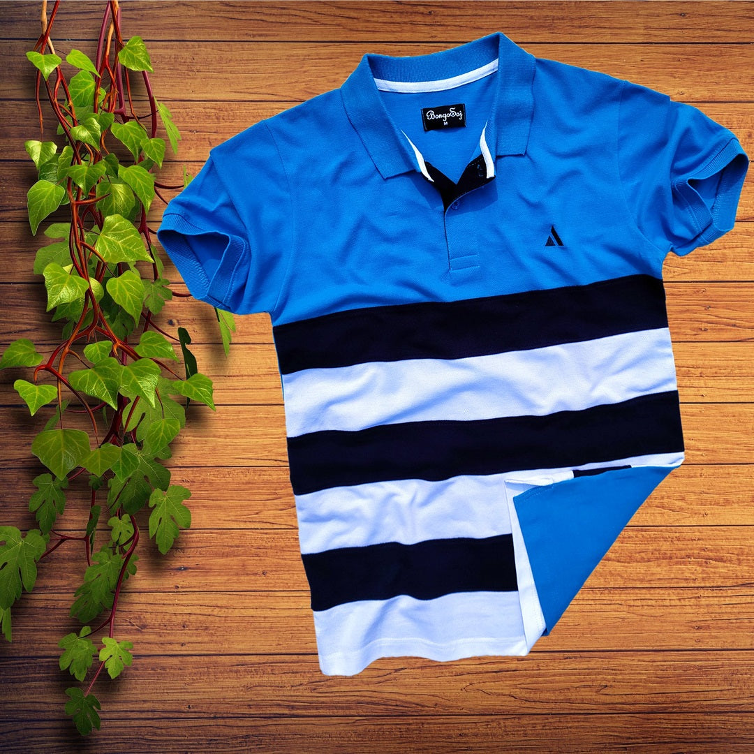Men Premium T Shirt Sky Blue, white with Navy Blue stripe