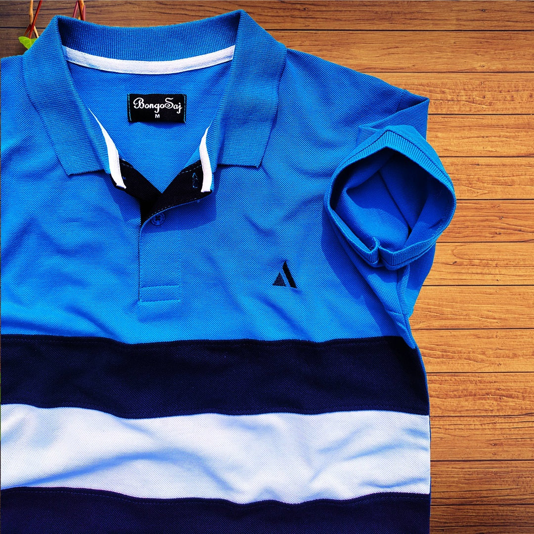Men Premium T Shirt Sky Blue, white with Navy Blue stripe