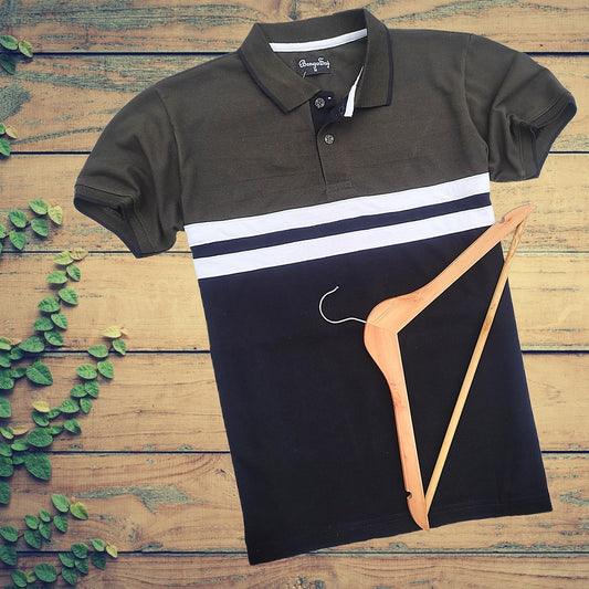 Men stylish T shirt Olive Green Black with white stripe