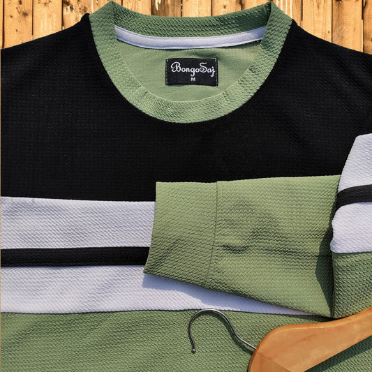 Textured Lycra winter T Shirt Black, White and Seb Green with stripe