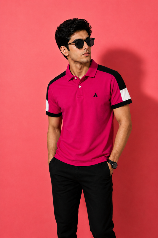 BongoSaj Men’s Premium Polo T-Shirt – Hot Pink Edition Shoulder cut
