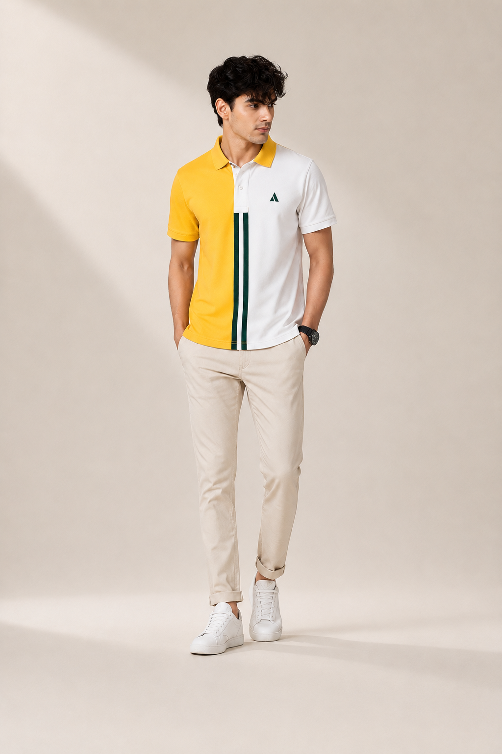Half Golden Yellow with White stripe Polo T-Shirt