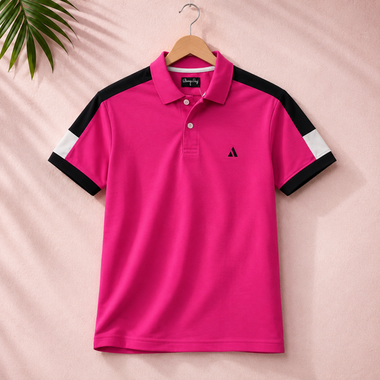 BongoSaj Men’s Premium Polo T-Shirt – Hot Pink Edition Shoulder cut