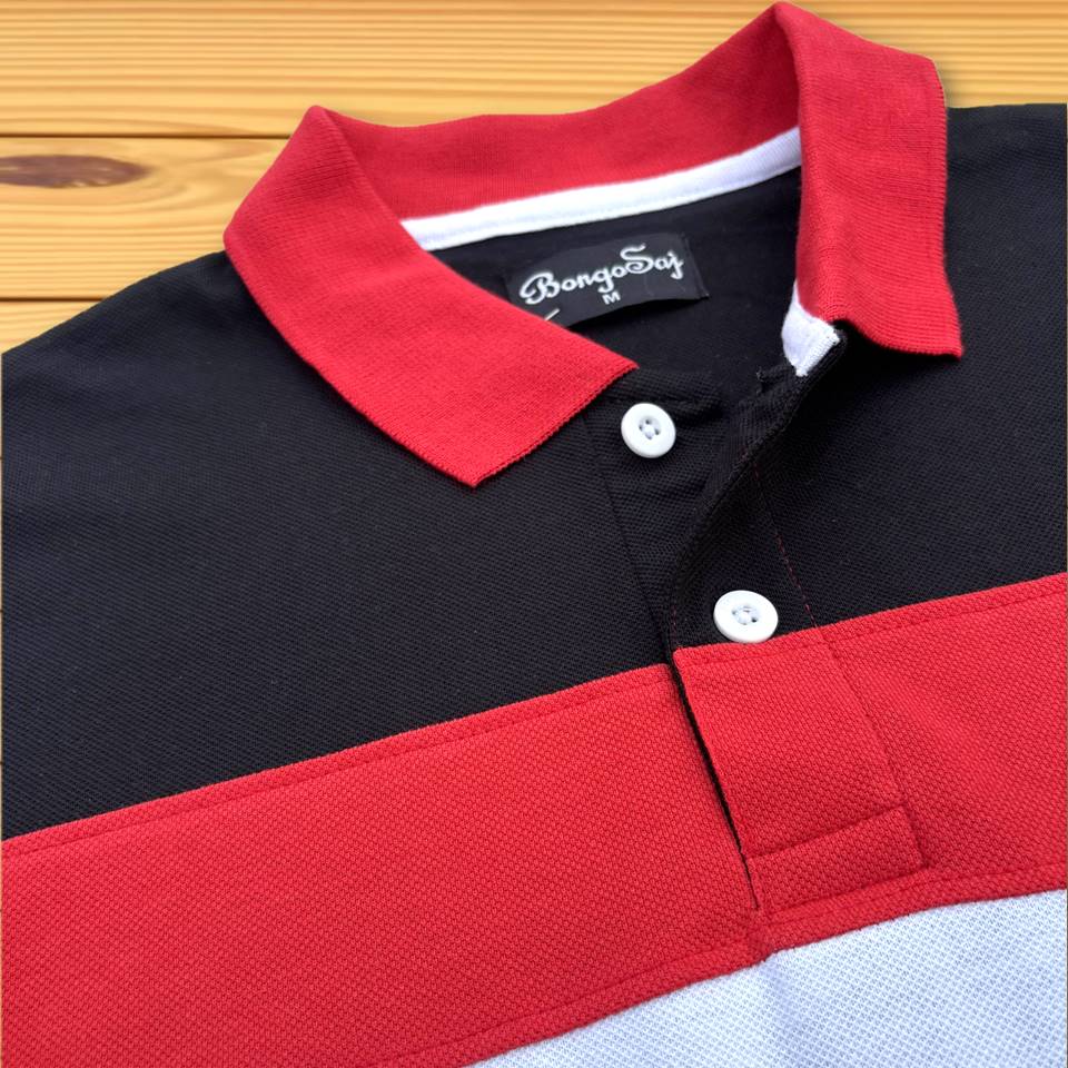 Stylish Men T-Shirt Red Collar, Black with White 3 Stripe