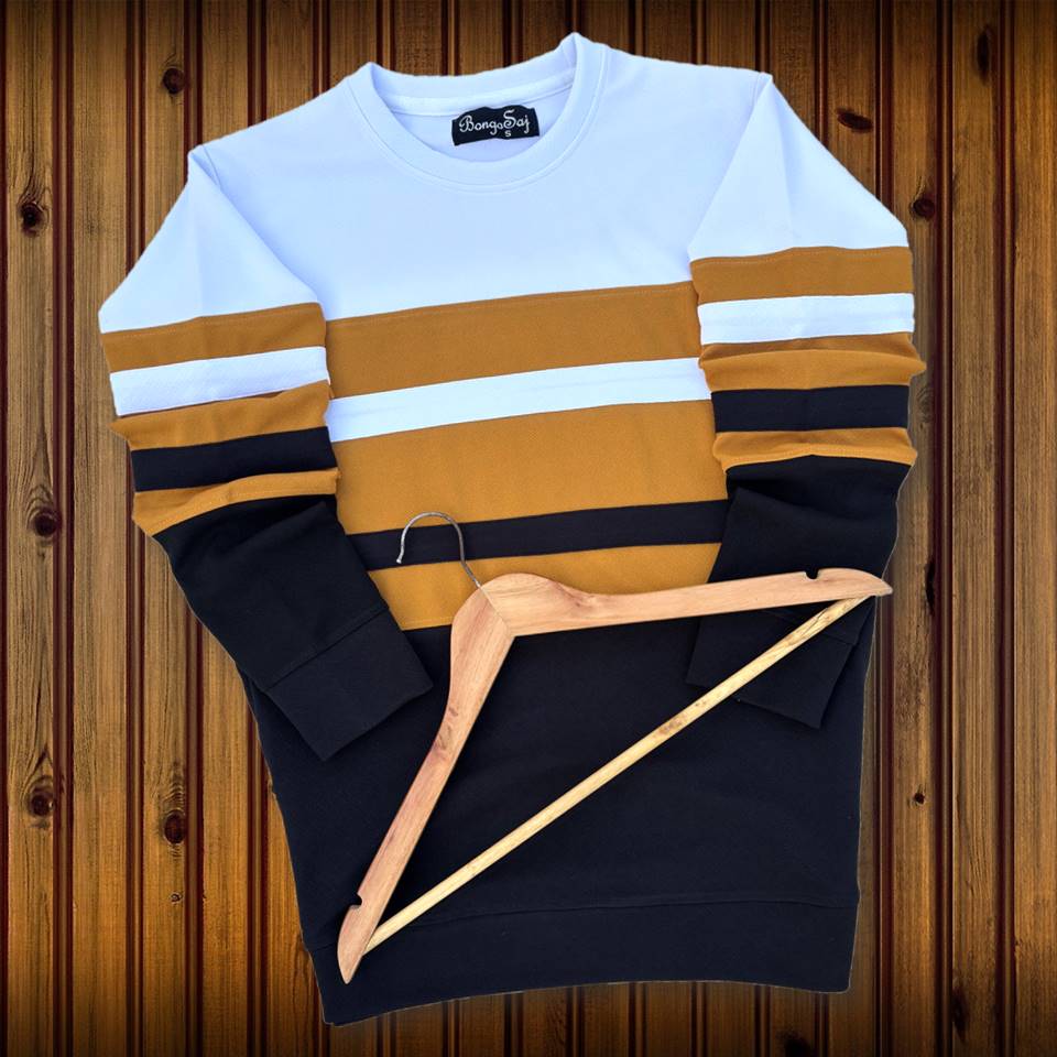 Full sleeve T-Shirt White Yellow & Black 2-Stripes