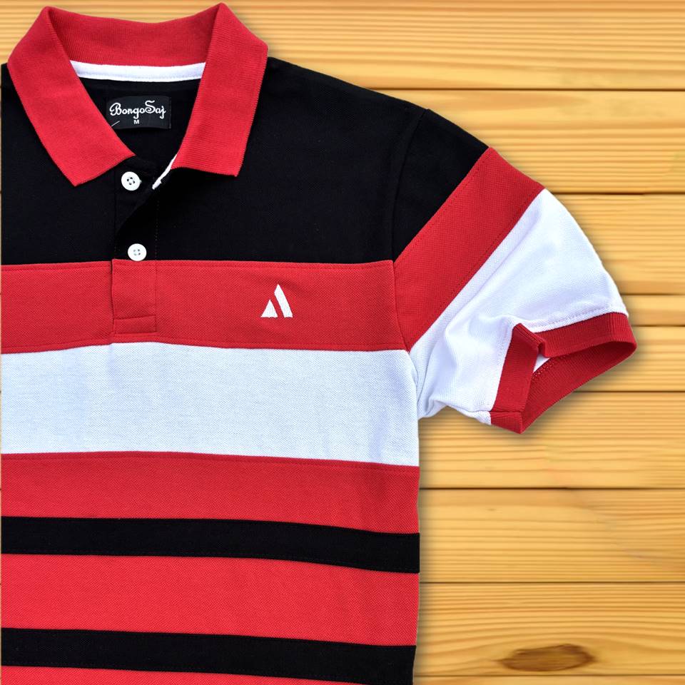 Stylish Men T-Shirt Red Collar, Black with White 3 Stripe