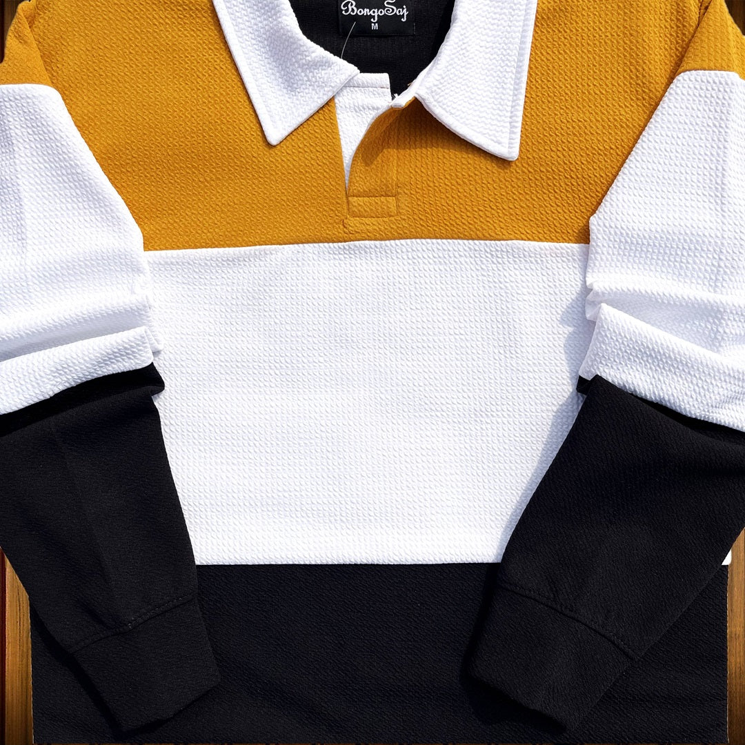 Mens Textured Lycra Collar T Shirt Mustard Yellow, White with Black