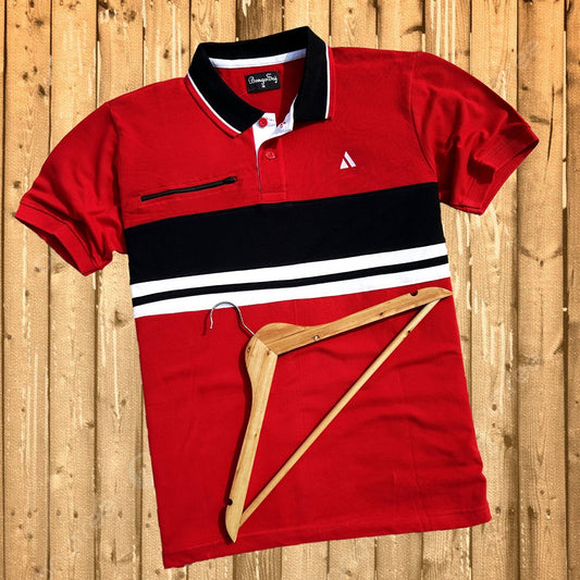 Men premium Zip style T Shirt Red, White with Black stripe