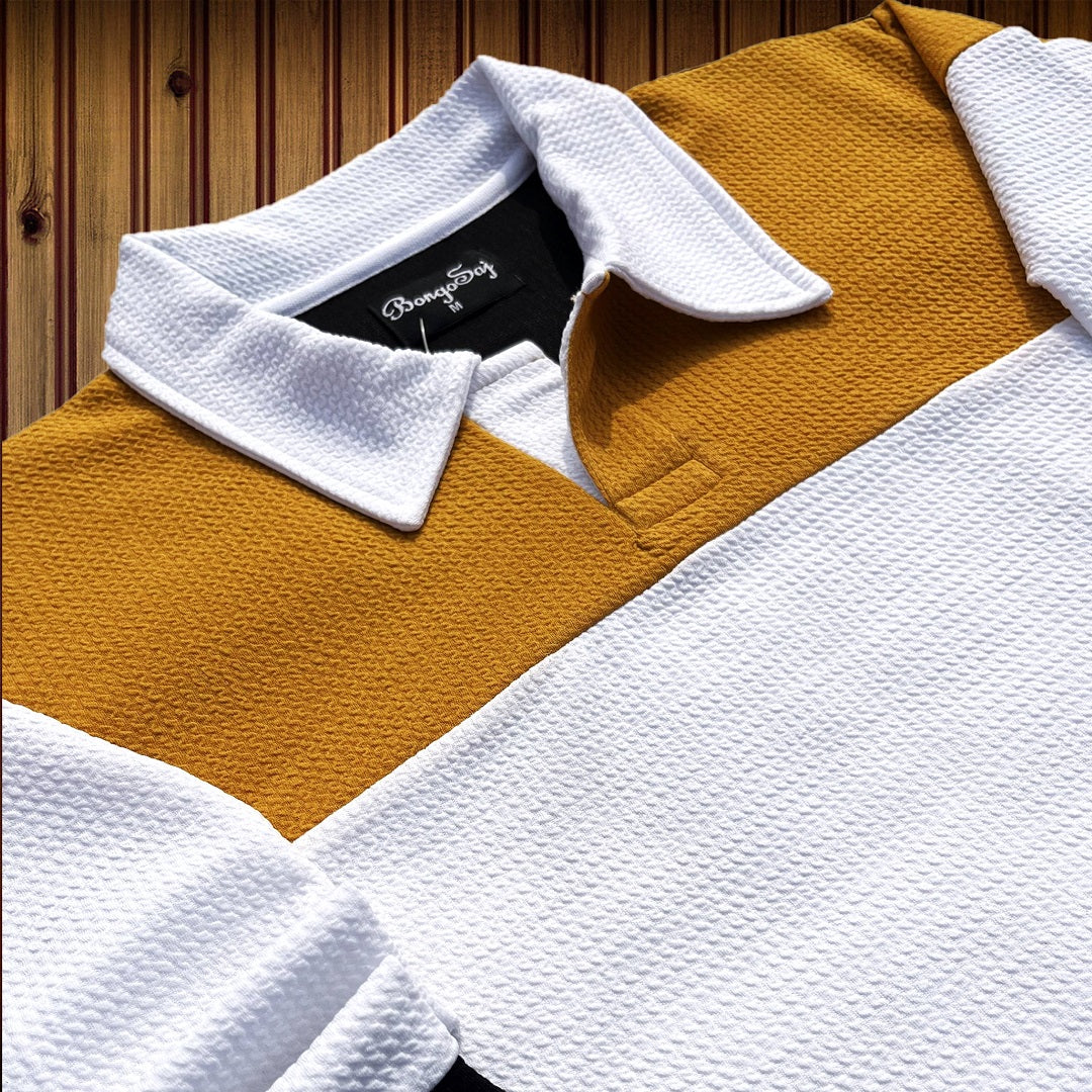 Mens Textured Lycra Collar T Shirt Mustard Yellow, White with Black