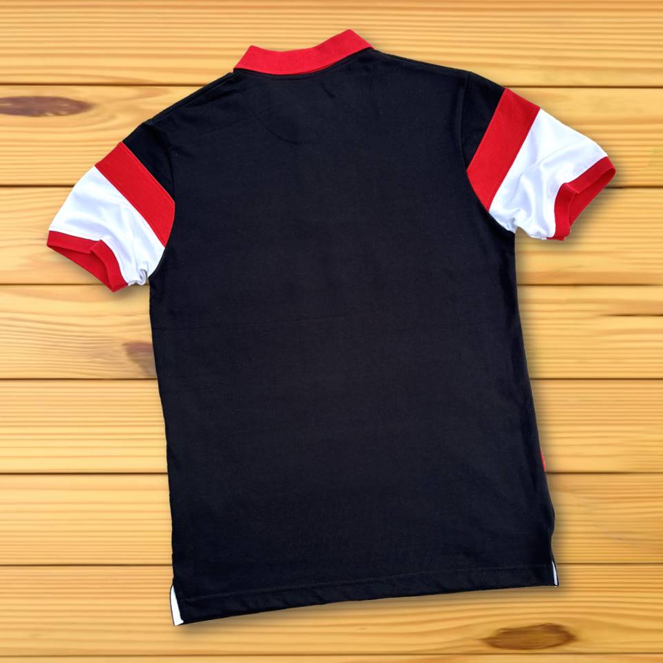 Stylish Men T-Shirt Red Collar, Black with White 3 Stripe