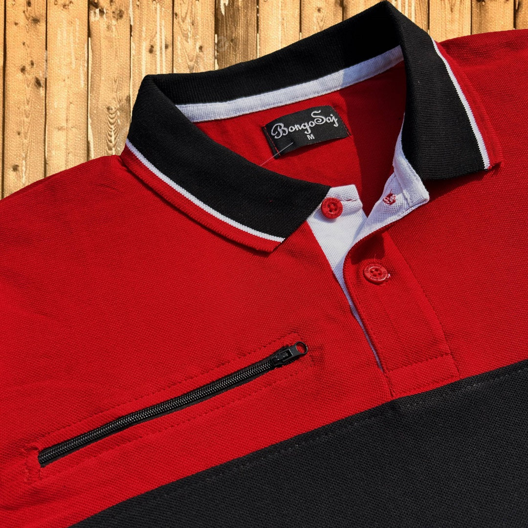 Men premium Zip style T Shirt Red, White with Black stripe