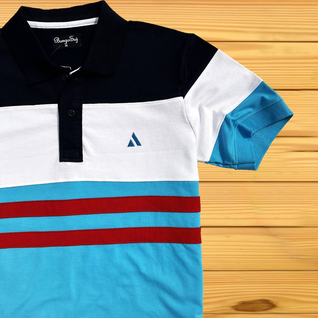 Men stylish T Shirt Navy blue, White, Turquoise Blue with Red stripe