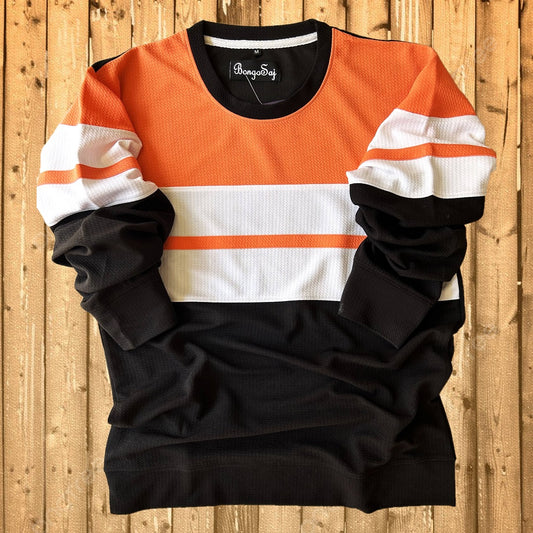 Men Full sleeve Textured Lycra T Shirt Peach and black stripe