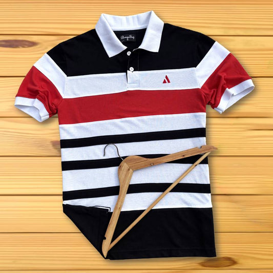 Stylish Men T-Shirt White Collar Black with Red, Black 3 Stripe