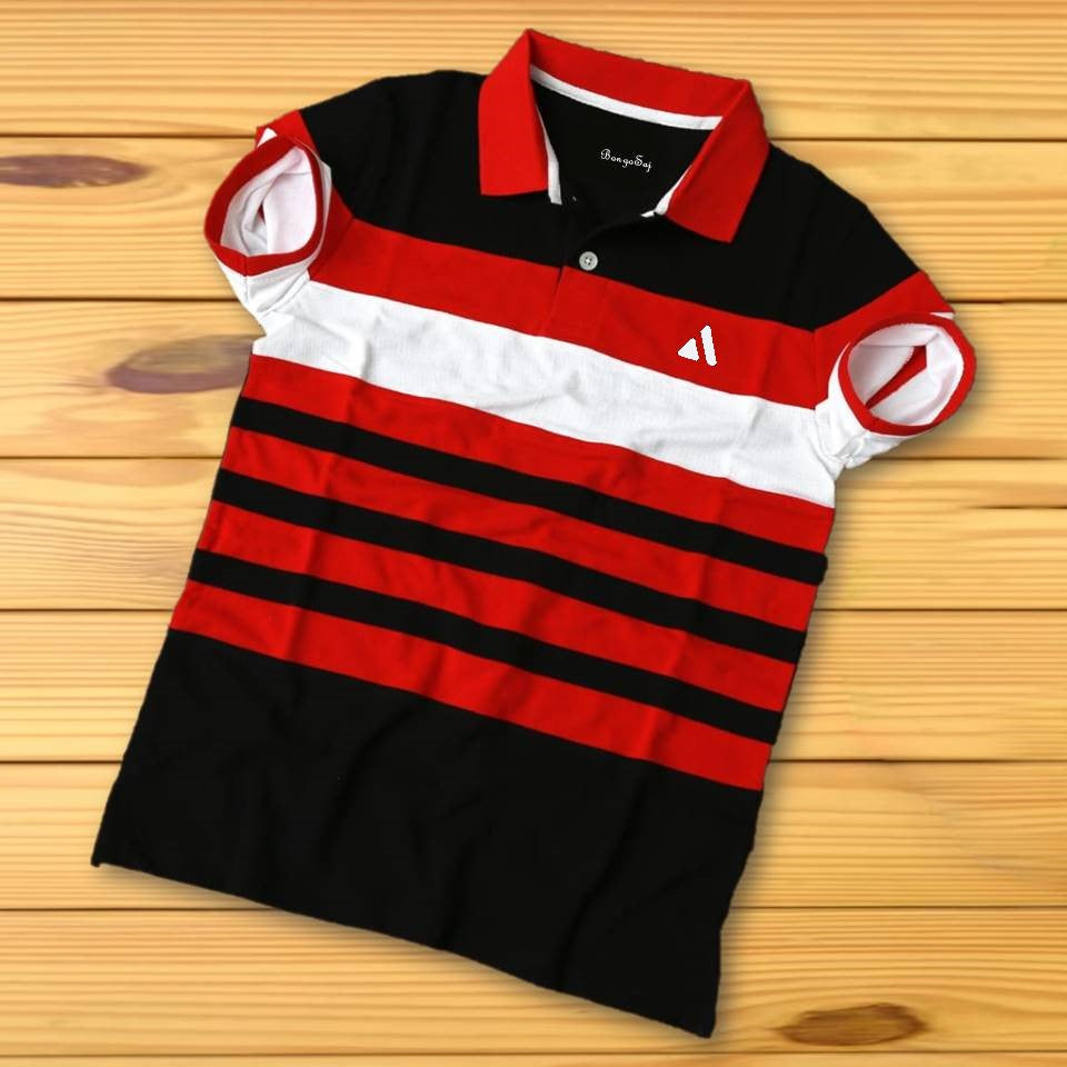 Stylish Men TShirt Red Collar, Black with White 3 Stripe Bongosaj
