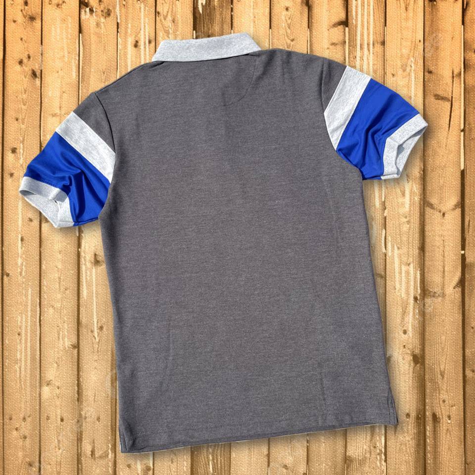 Stylish Men T-Shirt Grey Collar Intense Grey with Blue, Grey 3 Stripe