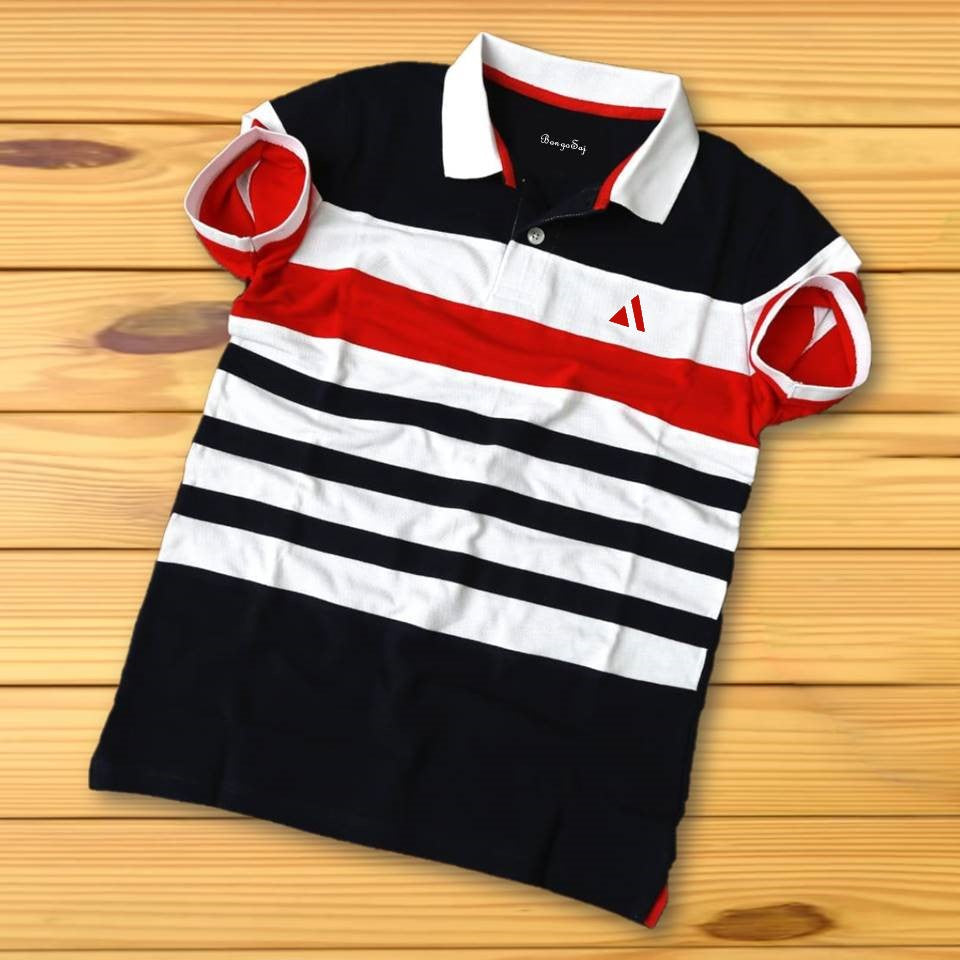 Stylish Men TShirt White Collar Black with Red, Black 3 Stripe Bongosaj