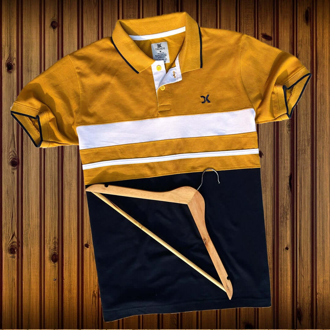 Men stylish T Shirt Golden Yellow, White, Black with White stripe