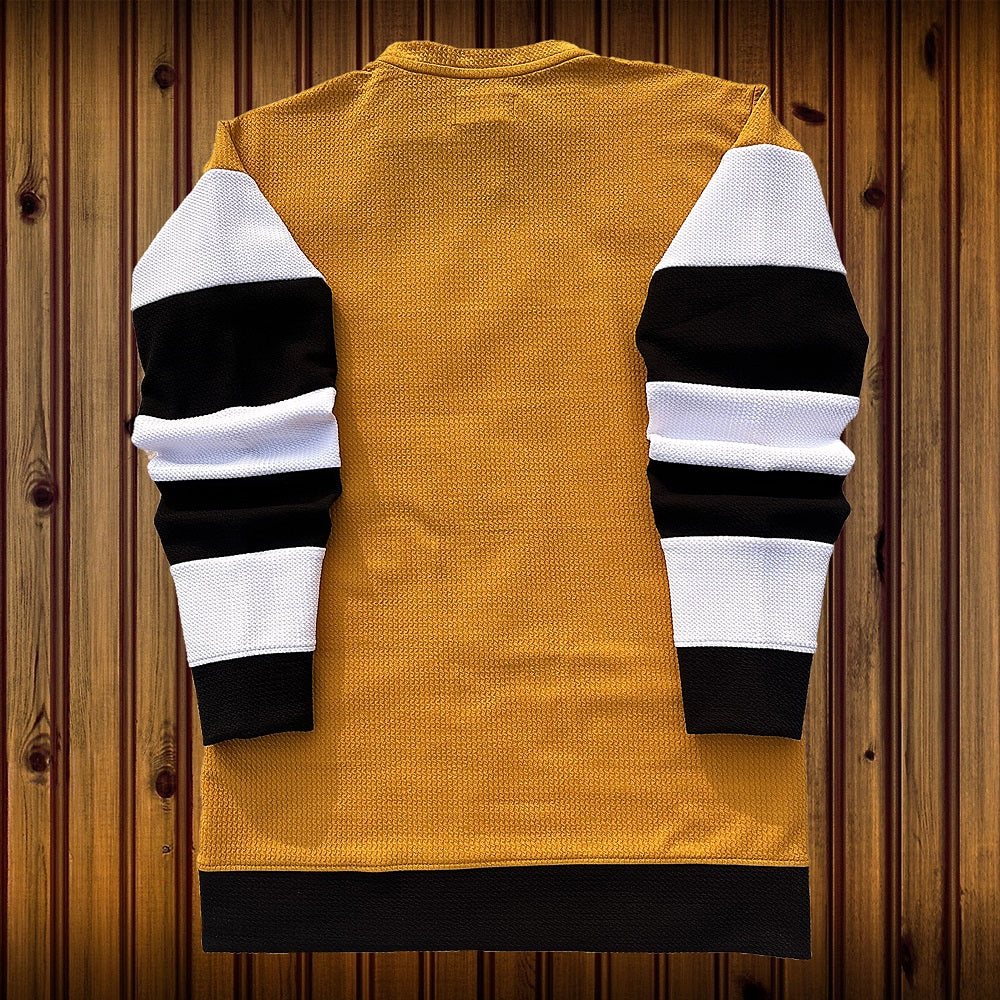 Mens Round Neck textured Lycra winter T Shirt Mustard Yellow, White with Black