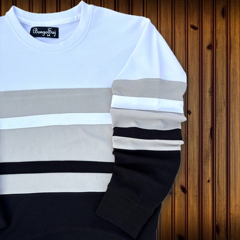 Full sleeve T-Shirt White Grey & Black 2-Stripes