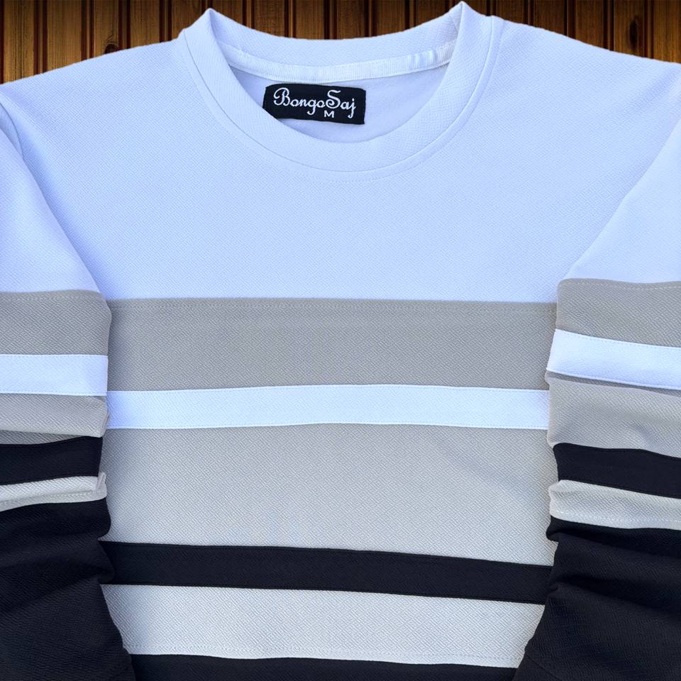 Full sleeve T-Shirt White Grey & Black 2-Stripes