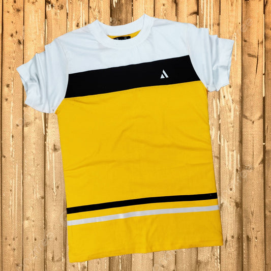 Round Neck T Shirt New White Yellow with Black Stripe(One Piece)