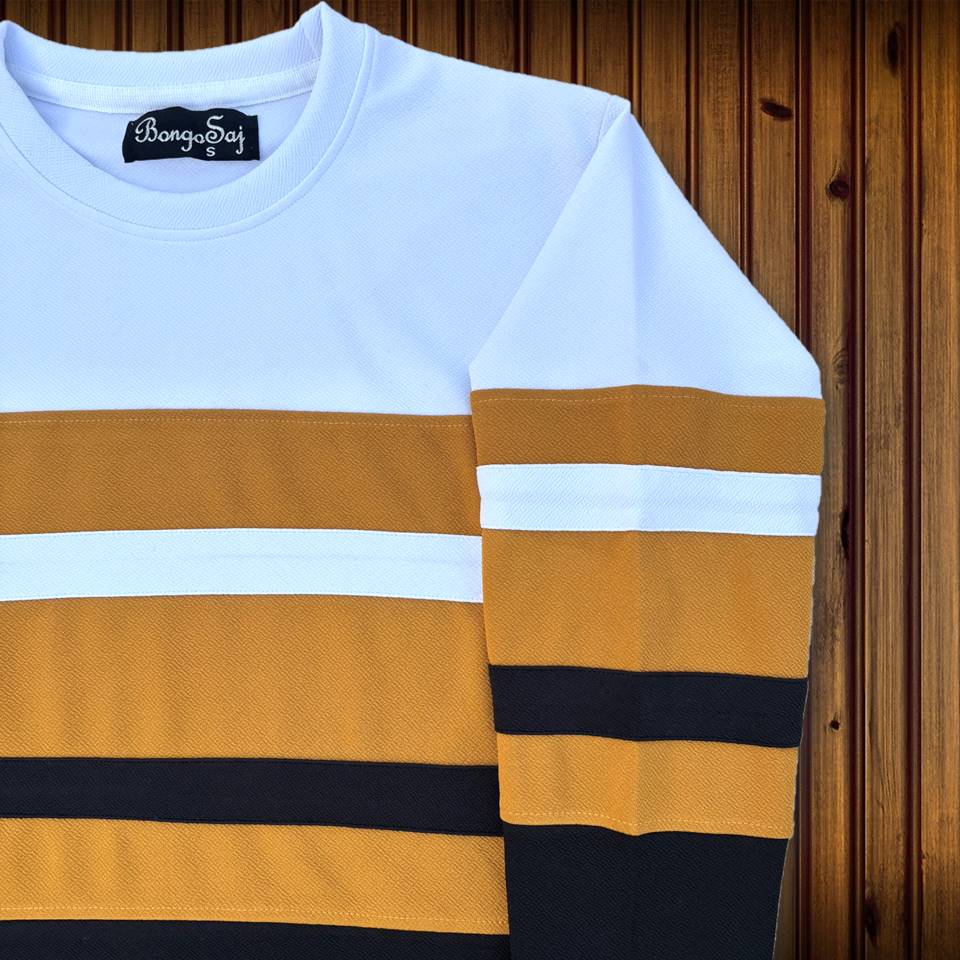 Full sleeve T-Shirt White Yellow & Black 2-Stripes