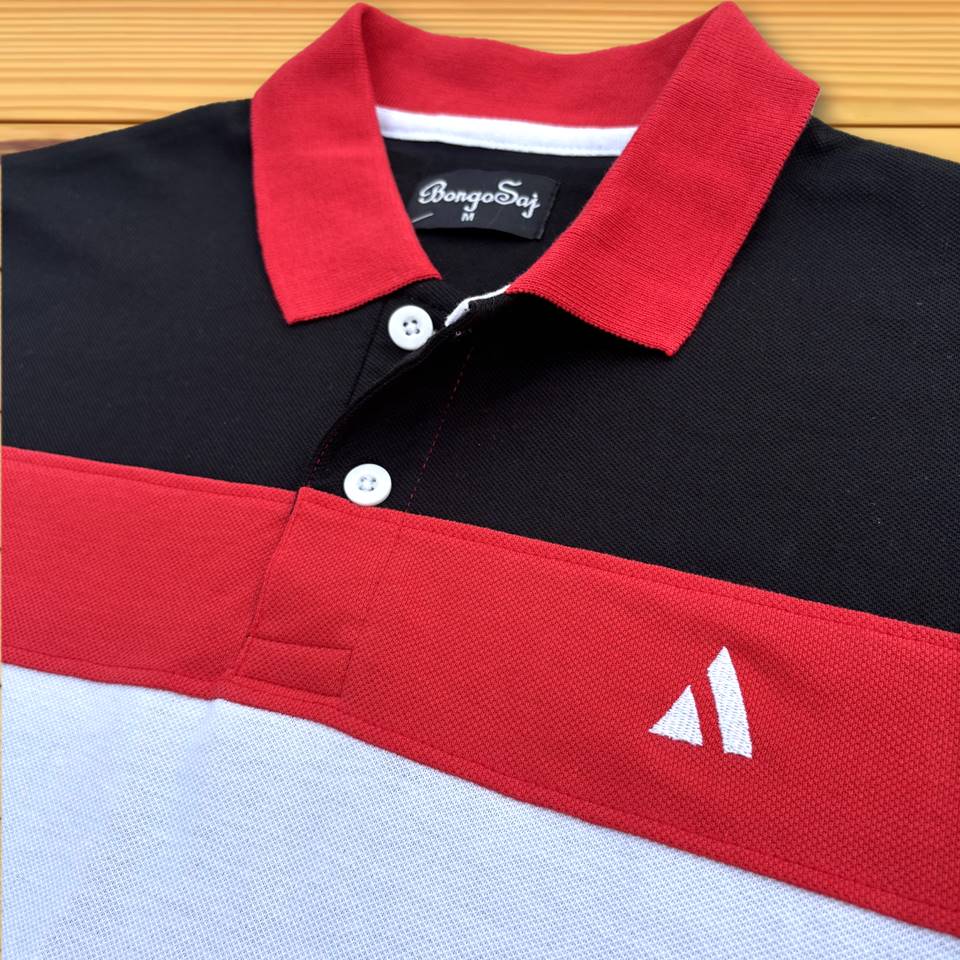 Stylish Men T-Shirt Red Collar, Black with White 3 Stripe