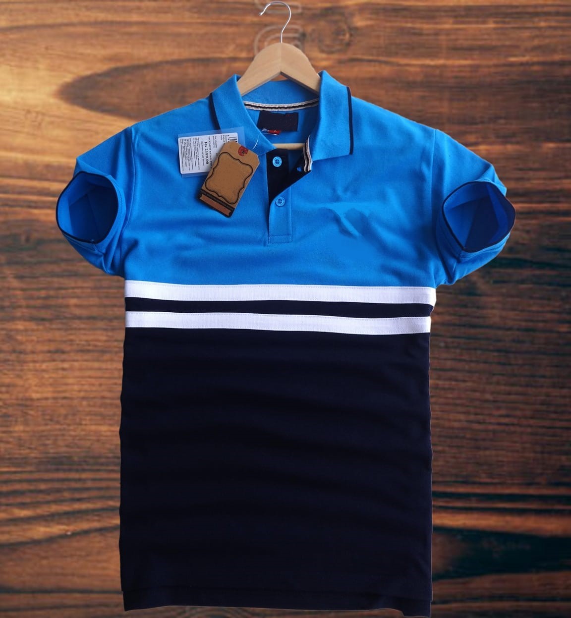 Men stylish T Shirt Azure Blue, Navy Blue with white stripe