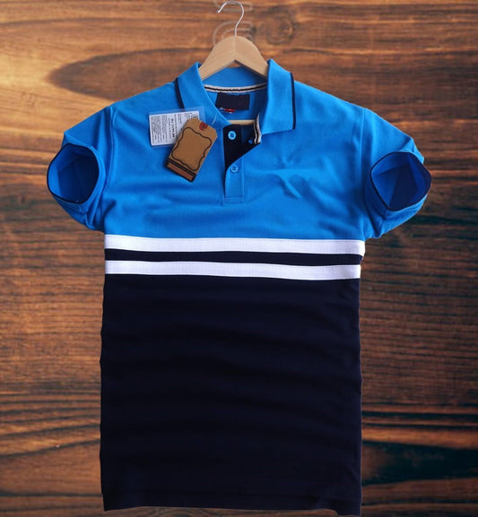 Men stylish T Shirt Azure Blue, Navy Blue with white stripe